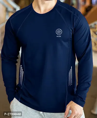 Stylish Navy Blue Polyester Full Sleeve T-Shirt For Men