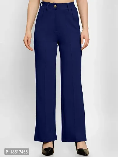 Elegant Navy Blue Polyester Blend Solid Trousers For Women