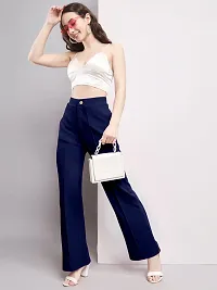 Elegant Navy Blue Polyester Blend Solid Trousers For Women-thumb4