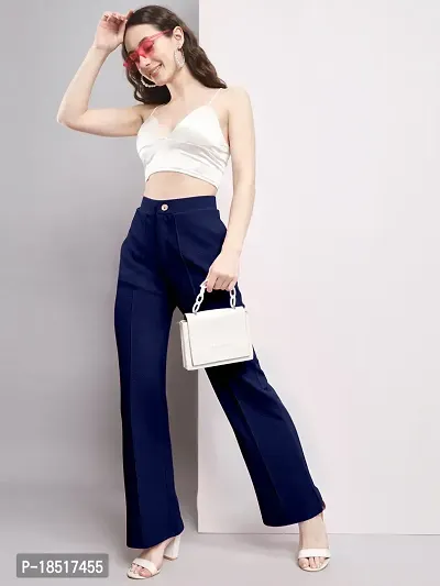 Elegant Navy Blue Polyester Blend Solid Trousers For Women-thumb5
