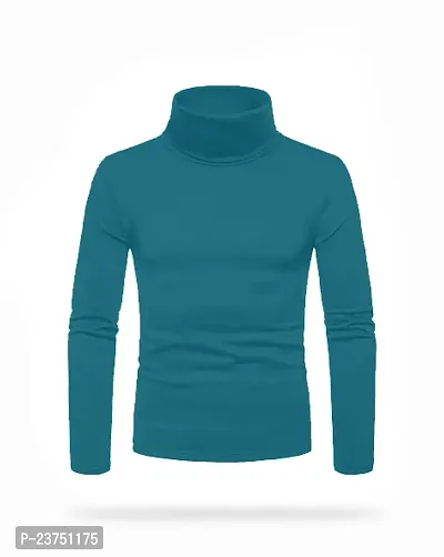 Stylish Cotton Blend Turquoise Solid High Neck Tees Long Sleeves For Men-thumb2