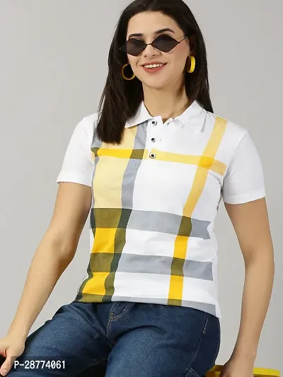 Elegant White Cotton Blend Checked Tshirt For Women-thumb0