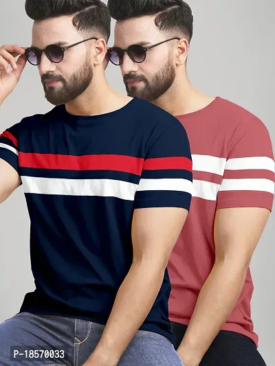 Stylish Cotton Blend Multicoloured Colourblocked Round Neck Tees Short Sleeves For Men Pack Of 2