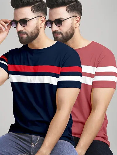 Trendy Cotton Blend Colourblocked Round Neck Tees For Men- Pack Of 2
