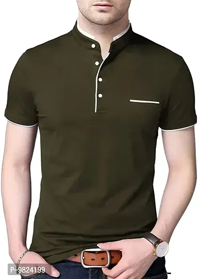 AUSK Men's Cotton Henley Neck Half Sleeve Solid Regular Fit T-Shirt (Large; DarkGreen)