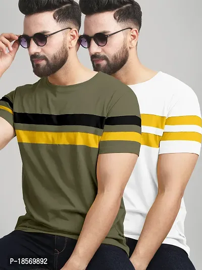 Elegant Cotton Blend Colourblocked Round Neck Tees For Men- Pack Of 2