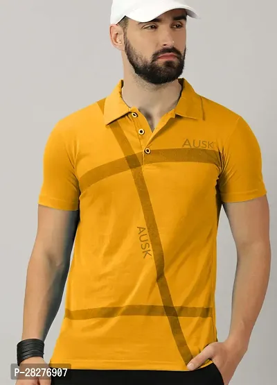 Stylish Mustard Cotton Blend Printed Polos For Men-thumb0