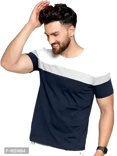 AUSK Men's Cotton Half Sleeve Round Neck Striped Tshirt (Large, Blue)