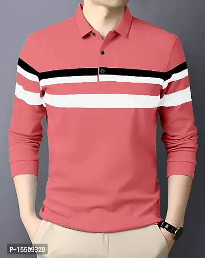 Reliable Peach Cotton Blend Striped Polos For Men-thumb0