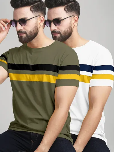 Elegant Blend Colourblocked Round Neck Tees For Men- Pack Of 2