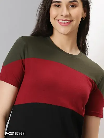 Elegant Multicoloured Cotton Blend Colourblocked T-Shirts For Women-thumb3