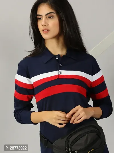 Elegant Navy Blue Cotton Blend Colourblocked Tshirt For Women