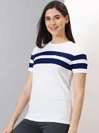 Elegant White Cotton Blend Striped T-Shirts For Women-thumb3