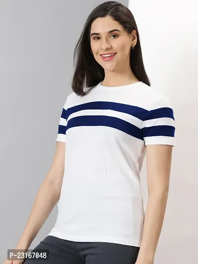 Elegant White Cotton Blend Striped T-Shirts For Women-thumb4