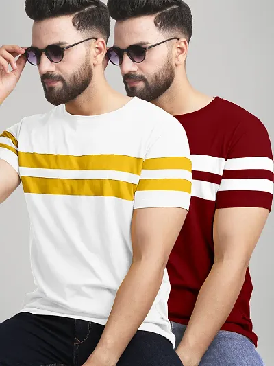 New trendy Stylish Cotton Blend Colourblocked Round Neck Tees For Men- Pack Of 2