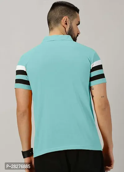 Stylish Aqua Blue Cotton Blend Striped Polos For Men-thumb2