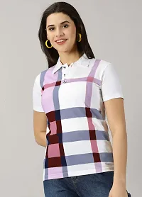 Elegant White Cotton Blend Checked Tshirt For Women-thumb3