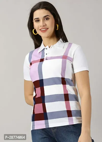 Elegant White Cotton Blend Checked Tshirt For Women-thumb4