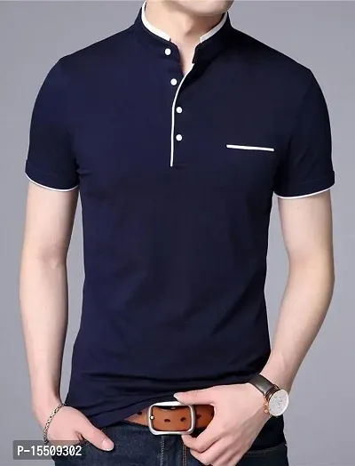 Stylish Navy Blue Cotton Blend Tshirt For Men