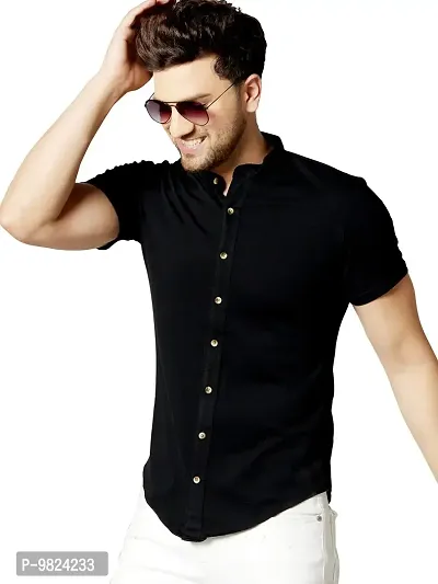 GESPO Men's Black Mandarin Collar Half Sleeve Casual Shirt-thumb0