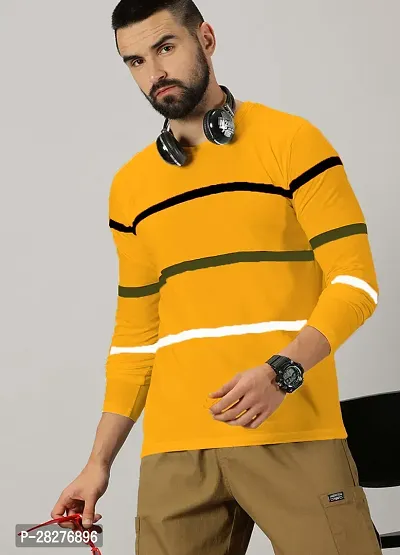 Stylish Mustard Cotton Blend Striped Round Neck Tees For Men