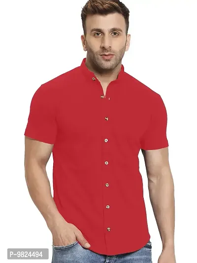 GESPO Men's Shirts Half Sleeves Mandarin Collar(Red-Small)-thumb0