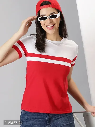 Elegant Red Cotton Blend Striped T-Shirts For Women
