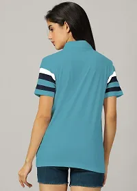 Elegant Blue Cotton Blend Colourblocked Tshirt For Women-thumb2