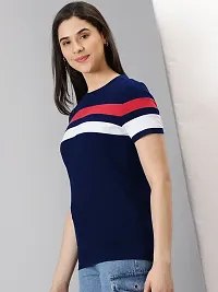 Elegant Navy Blue Cotton Blend Striped T-Shirts For Women-thumb3