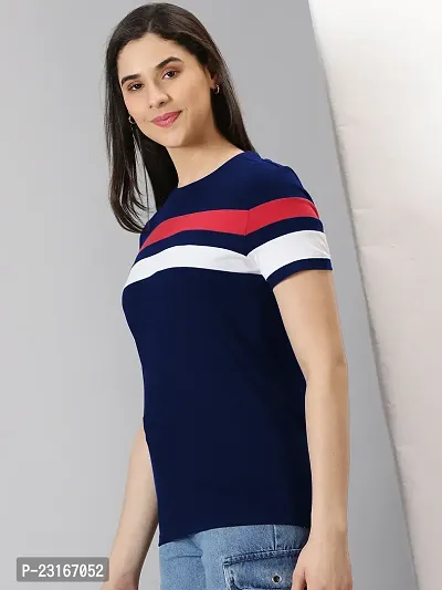 Elegant Navy Blue Cotton Blend Striped T-Shirts For Women-thumb4