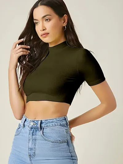 Casual Blend High Neck Short Sleeves Stylish Crop Top