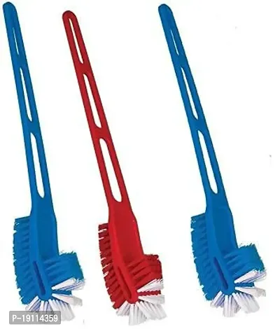 Toilet Cleaner Brush - Double Side Long Handle Plastic Brush Bathroom Cleaner Brush - 3 Pieces with Holder (Multicolor)