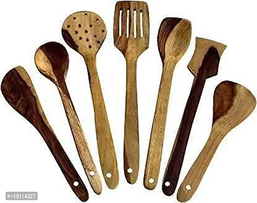 Kombuis Kitchenware Multipurpose Wooden Cooking Spoon Utensils Set for Non Stick cookware and Serving - Handmade Wooden Spatula - Pack of 7