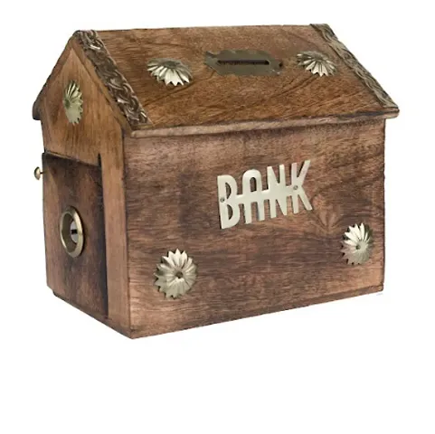 Wooden Piggy Bank with Lock for Kids (Hut Shaped)