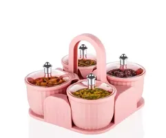 Pack Of 2 - Multipurpose DryFruit Box 4 pc Jar Set Aachar Pickle Container Mukhwas Tray Dining Spice Stand with Handle Plastic Sweets Masala Tandoor Storage For Gift Home kitchen-thumb2