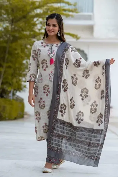 Stylish Trendy Cotton Kurta, Bottom And Dupatta Set