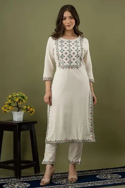 JaipurFabric Women White Cotton Round Neck Kurti with Pant