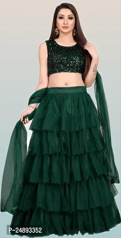 Women Fancy Ruffle Semi Stitched Net Lehenga Choli  Dupatta Set-thumb0