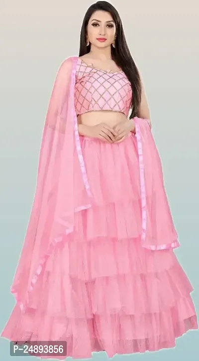 Women Fancy Ruffle Semi Stitched Net Lehenga Choli  Dupatta Set