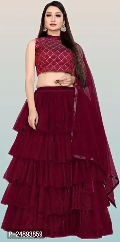 Women Fancy Ruffle Semi Stitched Net Lehenga Choli  Dupatta Set-thumb0