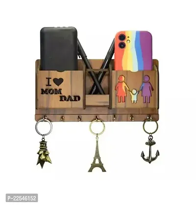 Decorative Fancy I Love Mom Dad Design Wooden Key Holder With 2 Pocket And Pen Holder (7 Hooks)-thumb0