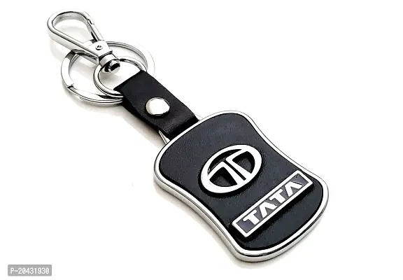 AAYUSH LEATHER KEYCHAINS AND KEYRINGS COMPATIBLE WITH CARS AND BIKES (Mercedes | Bmw | Audi | Tata | Maruti Suzuki | Hyundai | Honda | Royal Enfield) (TATA BLACK AND SILVER MID LEATHER)