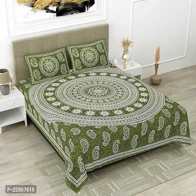 Classic Cotton Carry Green Printed Double Bedsheet Pillow Two Cover-thumb0