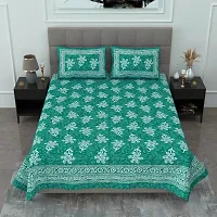 Classic Cotton Sea Green Flower Printed Double Bedsheet With Two Pillow Covers-thumb1