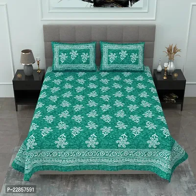 Classic Cotton Sea Green Flower Printed Double Bedsheet With Two Pillow Covers-thumb2