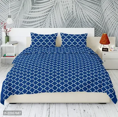 Classic Cotton Net Blue Printed Double Bedsheet With Two Pillow Covers