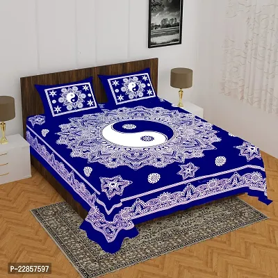 Classic Cotton Yingyang Blue Double Bedsheet With Two Pillow Covers-thumb0