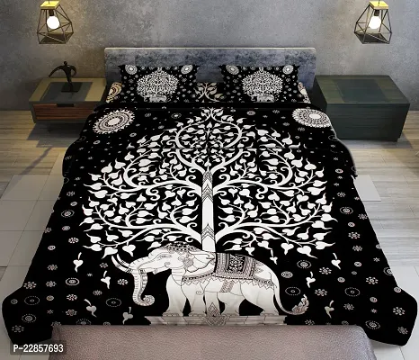 Classic Cotton Elephant Tree Black Double Bedsheet With Two Pillow Covers