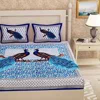 Classic Cotton Blue Peacock Printed Double Bedsheet Pillow Two Cover-thumb1