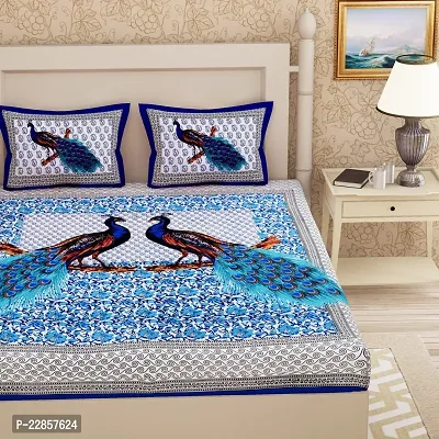 Classic Cotton Blue Peacock Printed Double Bedsheet Pillow Two Cover-thumb2